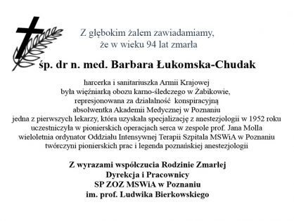 Odeszła od nas dr n. med. Barbara Łukomska-Chudak
