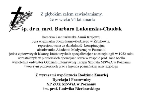 Odeszła od nas dr n. med. Barbara Łukomska-Chudak