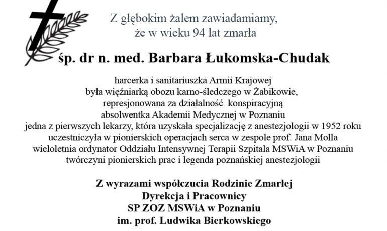 Odeszła od nas dr n. med. Barbara Łukomska-Chudak