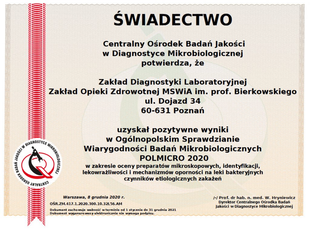 Zdjęcie przedstawia Świadectwo wiarygodności dla Zakładu Diagnostyki Laboratoryjnej