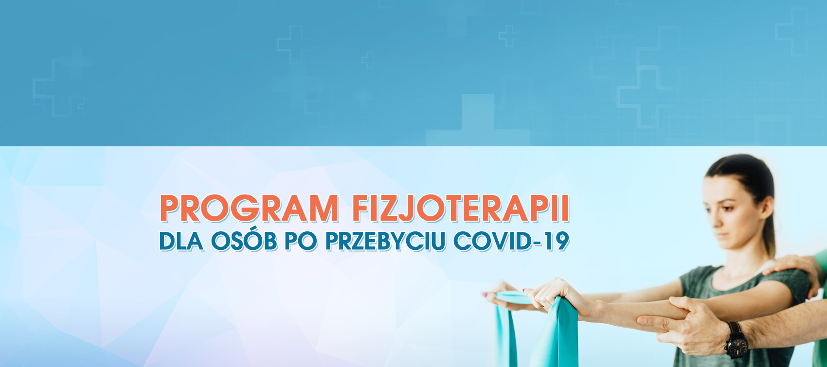 Grafika przedstawia kobietę rozciągającą ręce oraz napis: Progra fizjoterapii dla osób po przebyciu covid-19