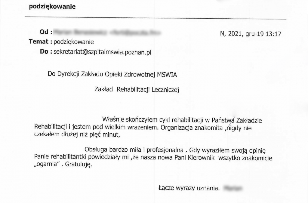 Podziękowanie od pacjenta dla Zakładu Rehabilitacji