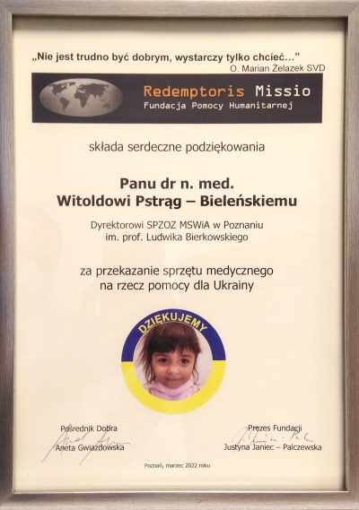 Dyplom od Fundacji Redemptoris Missio z podziękowaniem za pomoc na rzecz Ukrainy