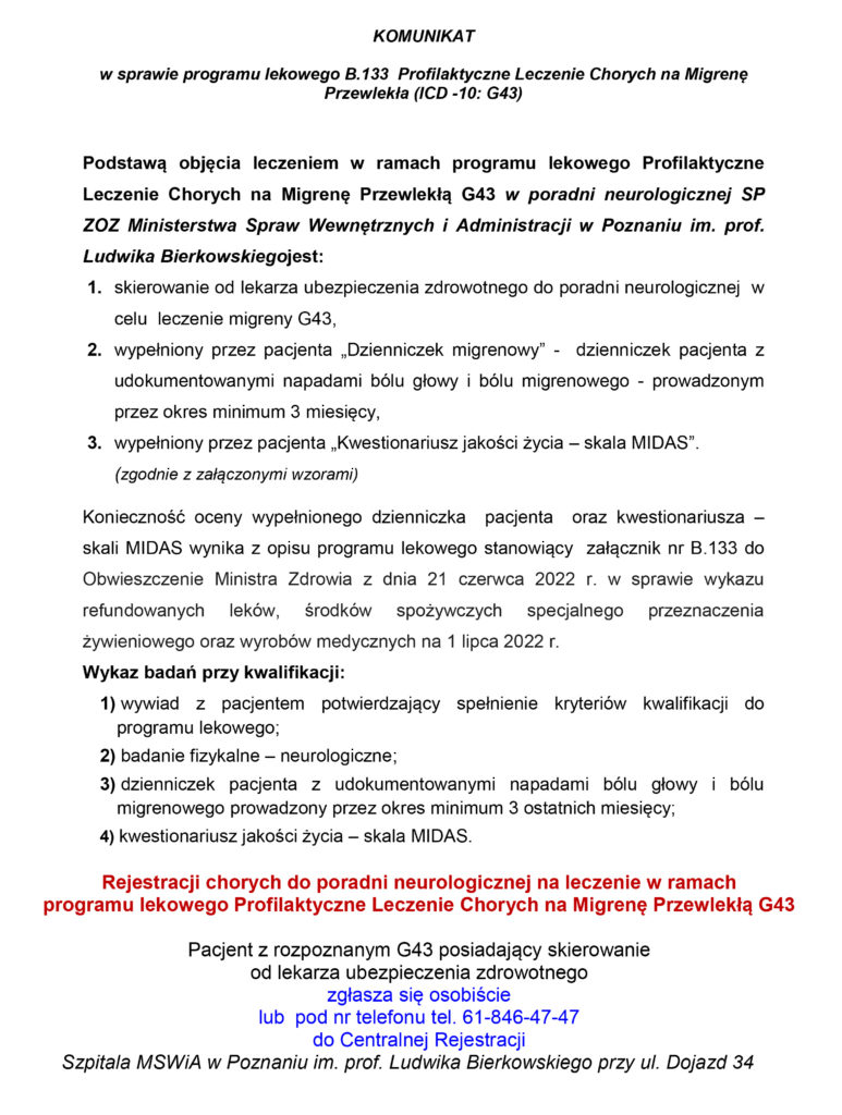 Komunikat w sprawie programu lekowego B.133 Profilaktyczne Leczenie Chorych na Migrenę Przewlekłą (ICD-10: G43). Obraz jest odnośnikiem do pliku pdf.
