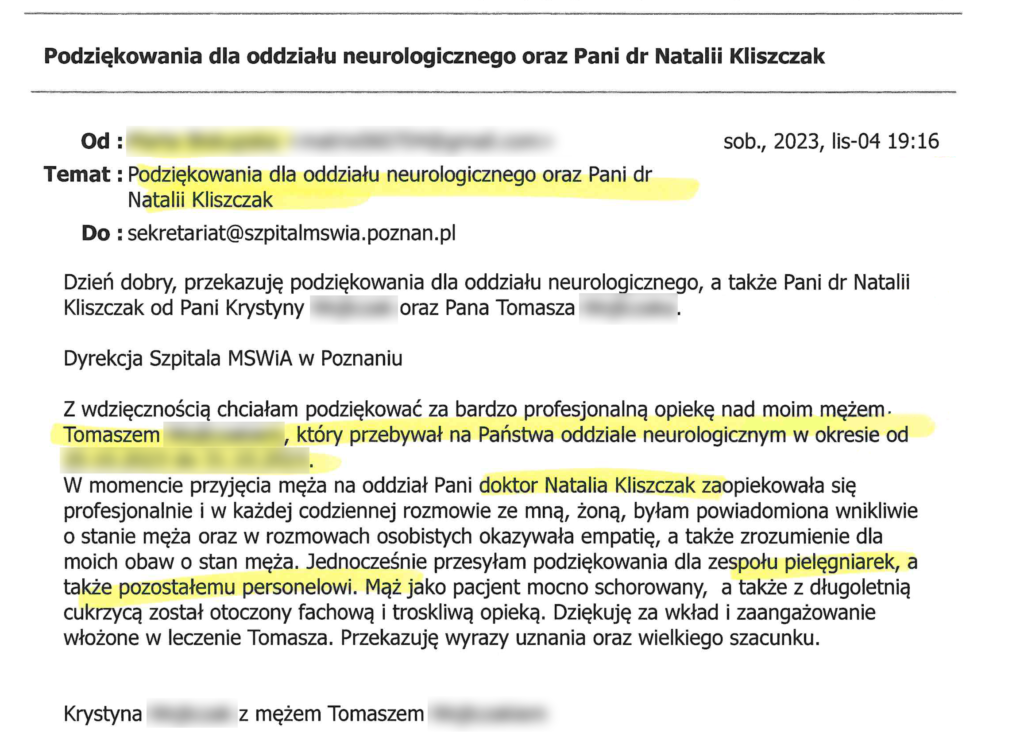 Obraz przedstawia treść podziękowanie od Pacjenta dla personelu Oddziału Neurologii.