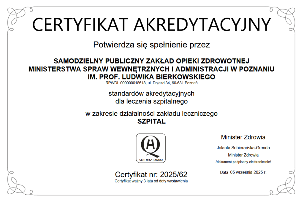 certyfikat akredytacyjny dla szpitala MSWiA w Poznaniu